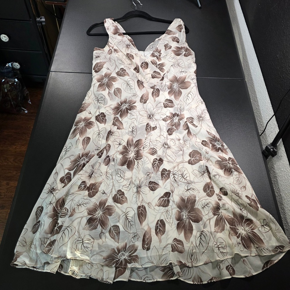 Ann Taylor Loft 100% Silk Floral V-Neck Midi Dress Brown Cream Size 8